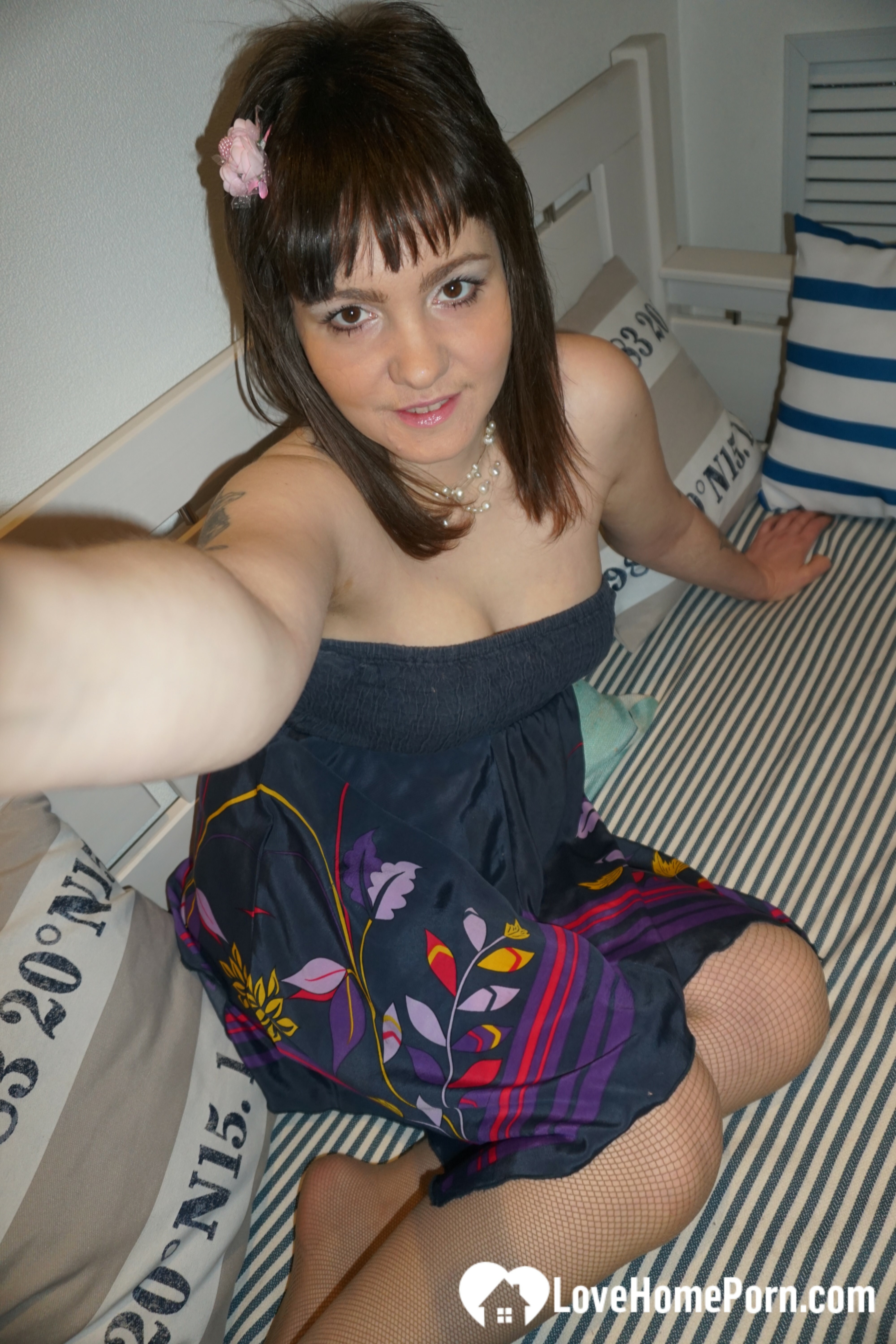 Brunette teen teasing in stockings in the bedroom — 8